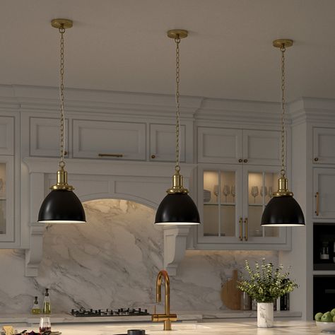 Timeless and elegant, this pendant offers countless possibilities. Its classic styling complements a wide range of decor styles, whether in your living room, dining room, kitchen, or foyer. The exposed mechanical element of the screws pays homage to a nautical inspiration, while the on-trend finish updates the look. The inner shade is white to amplify light around your space. Includes a 6-foot length of adjustable chain to ensure a perfect fit in your space. Hailey Home Elodie Blackened Bronze/B Gold Kitchen Pendant Lights, Lights Above Kitchen Island, Kitchen Island Lighting Black, Kitchen Bar Lighting, Bar Light Fixtures, Lights Over Kitchen Island, Gold Light Fixture, Colorful Pendant Light, Nautical Inspiration