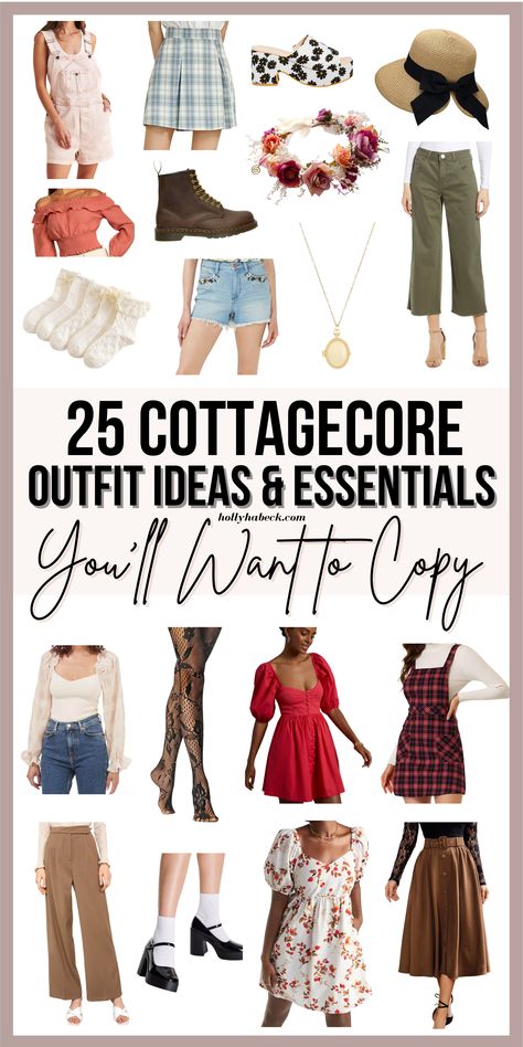 Love the cottagecore aesthetic? Check out these 25 cottagecore outfit ideas for the ultimate cottagecore fashion inspiration. Cottagecore Outfits Overalls, Cottagecore Outfit Ideas Casual, Cottagecore Aesthetic Outfits Spring, Cottagecore Wardrobe Essentials, Cottage Core Outfits Casual, Western Cottagecore Outfits, Fashion Core Aesthetic, Cottage Core Outfits Aesthetic, Spring Cottagecore Outfits