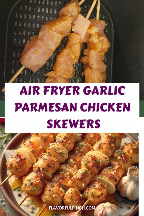 These garlic parmesan chicken skewers are cooked until tender and juicy in the air fryer and slathered in mouthwatering garlic and parmesan butter! You can make Air Fryer Dinner Recipe in oven. Healthy Recipes, Snacks, Chicken Skewers In oven,  Best Chicken Recipes, Chicken Dishes Recipes Chicken Skewers In Oven, Parmesan Chicken Bites, Air Fryer Garlic Parmesan Chicken, Garlic Parmesan Chicken Skewers, Parmesan Chicken Skewers, Parmesan Butter, Air Fryer Garlic, Chicken Skewer Recipe, Chicken With Olives