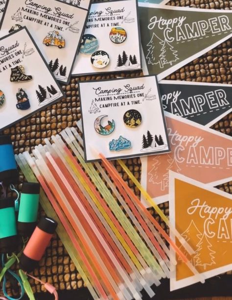 Teenage Camping Party, Camping Party Goodie Bags, Camp Out Themed Party, Camping Theme Favors, Birthday Party At Campground, Summer Camp Wedding Favors, Camping Birthday Favors, Camping Theme Birthday Party Favors, Camp Bachelorette Food