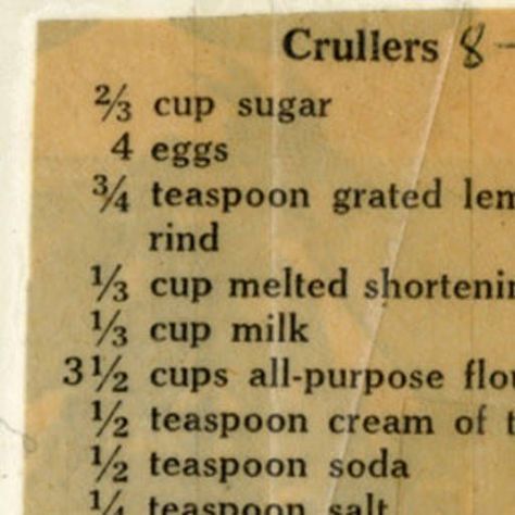 Crullers :: Milwaukee Public Library Historic Recipe Crullers Recipe, Griddle Cakes, Cooking Bread, Homemade Lasagna, Heirloom Recipes, Mothers Day Brunch, Christmas Breakfast, Retro Recipes, Cake Donuts