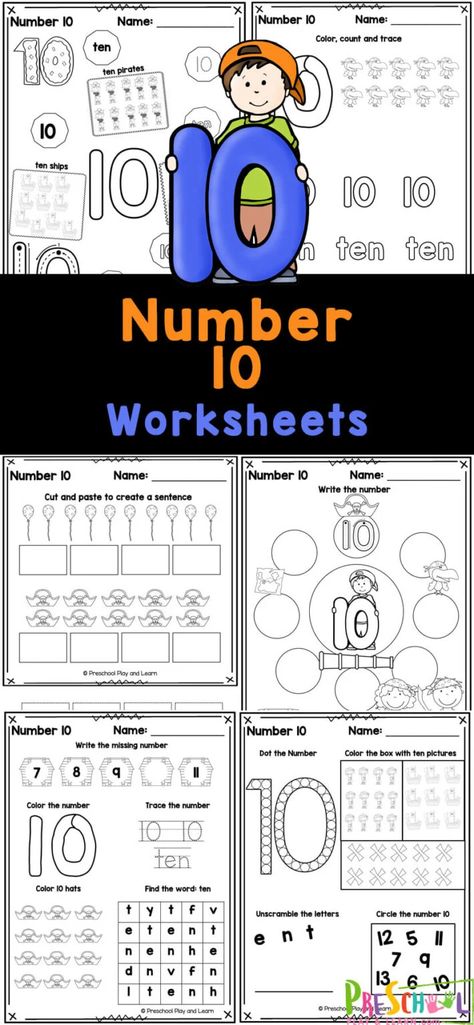 These super cute, free printable number 10 worksheets are a great way to start teaching preschool, pre-k, and kindergarten age kids about numbers! This pack of tracing number 10 worksheets are perfect for learning to recognize number three, understanding it’s value, and writing it too! Simply print the tracing number 10 and you are ready for a no-prep math activity for young learners. Spider Math Activities, Number Recognition Worksheets, Shape Worksheets For Preschool, Printable Math Games, Counting Activities Preschool, Worksheets For Preschoolers, Free Printable Numbers, Preschool Counting, Free Homeschool Printables