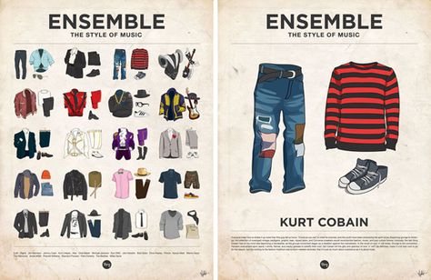 Genius.     "Ensembles is a series of posters featuring iconic outfits from twenty male musicians. Andre 3000, Kurt Cobain, and Michael Jackson to name a few." via DesignCrush Rock N Roll Dress, Andre 3000, Iconic Outfits, Dresses By Color, Music Festival Outfits, Rave Fashion, Music Genre, Clothes Pin Crafts, Artist Outfit