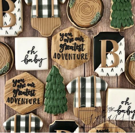 Woodsy Baby Showers, Adventure Awaits Baby Shower, Forest Baby Showers, Adventure Baby Shower, Bridal Shower Balloons, Winter Wonderland Baby Shower, Adventure Baby, Boy Baby Shower Themes, Baby Cookies