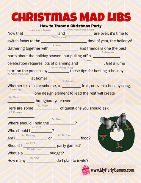 Hilarious Free Printable Christmas Mad Libs Game Holiday Mad Libs, Free Printable Mad Libs, Christmas Mad Libs, Free Printable Games, Printable Christmas Games, Fun Christmas Games, Christmas Trivia, Holiday Puzzle, Christmas Game