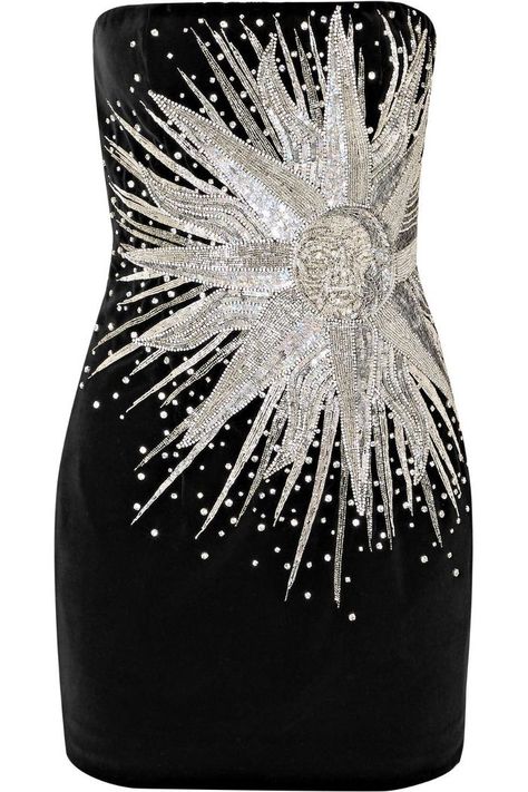 20 embellished dresses just in time for holiday season. Balmain Strapless Embellished Cotton-Velvet Mini Dress Balmain Dress, Olivier Rousteing, Club Fits, New Year's Eve Celebrations, Glitter Confetti, Silver Zipper, Vintage Style Dresses, Mini Velvet Dress, Strapless Mini Dress