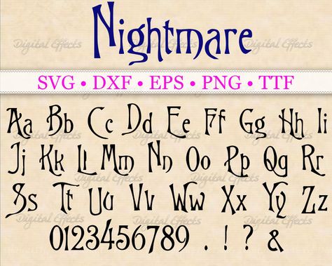 NIGHTMARE SVG Font, Letters Numbers & 4 Symbols, 66 SVG file set as shown above. Digital Alphabet Clipart File set - NOW INCLUDES AN INSTALLABLE FONT FILE (TTF FILE)  THIS IS AN INSTANT DIGITAL DOWNLOAD ITEM. Nothing will be shipped in the mail to you.  THESE ARE SENT IN A ZIP FILE!! YOU MUST KNOW HOW TO USE/UNZIP A ZIP FILE IF YOU ARE PURCHASING THIS ITEM.    ALSO, YOU MUST KNOW HOW TO USE THESE FILES WITH YOUR SOFTWARE  (Hint... if a newbie, please visit YouTube, they have many great tutorials Fantasy Handwriting Font, Funny Fonts, Font Examples Alphabet, Creepy Fonts Alphabet, Writing Letters Ideas Design, Horror Font Alphabet, Disney Font Alphabet, Creepy Lettering, Monster Letters