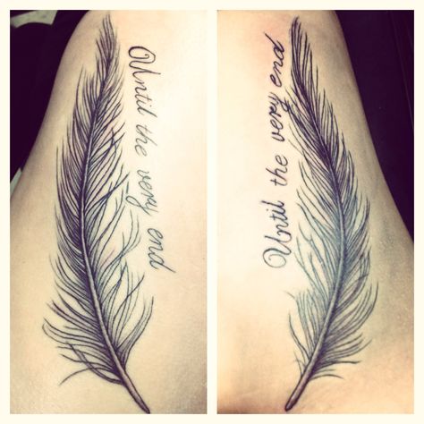 Best friends "until the very end." Matching feathers. Side tattoos. Best Friend Tattoos Feathers, Big Best Friend Tattoos, Matching Feather Tattoos, Feather Tattoo Meaning, Small Sister Tattoos, Matching Best Friend Tattoos, Until The Very End, Tattoo Meanings, Mommy Tattoos