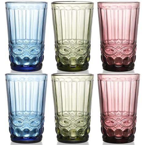 PRICES MAY VARY. YOUEON set of 6 colored drinking glasses measures 3.1 x 5inch (D x H) with a capacity of 12 oz. 3 colors: Blue, Green, Pink. Great addition to home, bars, restaurants, party, festivities, weddings and more. Safe to Use: Made from lead-free heavy glass, The glassware set won't fade and the color does not chip or peel, make our embossed water glasses set healthy for durable daily use and prevent tipping. Easy to clean and dishwasher safe. Intricate Embossed Designs: The colored gl Colored Water, Vintage Drinking Glasses, Home Bars, Colored Glasses, Colored Glassware, Personal Color, Business Partners, Glasses Vintage, Water Glasses