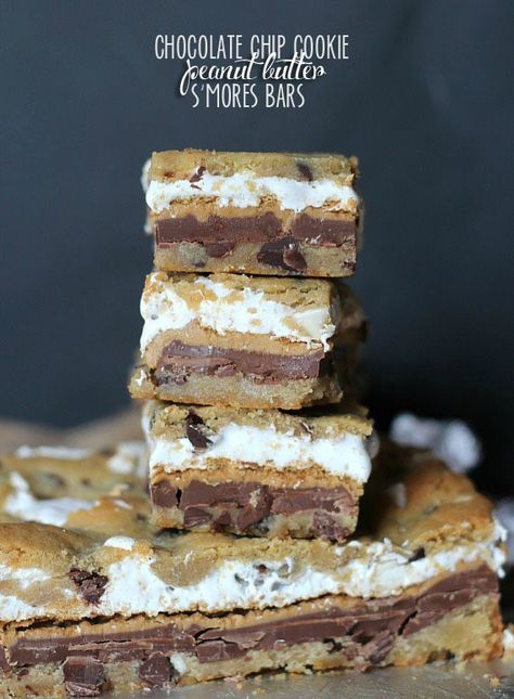 Chocolate Chip Cookie Peanut Butter S'mores Bars | Cookies and Cups Peanut Butter Smores Bars, Cookie Peanut Butter, Diy Sweets, Peanut Butter Smores, Cookies And Cups, S Mores Bars, Smores Dessert, Homemade Snickers, Scrumptious Food