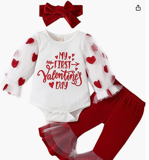 Long Sleeve Ruffle Love Heart Print Romper+Flared pants My First Valentines Day, Valentine Outfits, Girls Valentines Outfit, First Valentines Day, Bell Bottoms Outfit, Valentines Baby, Valentines Day Baby