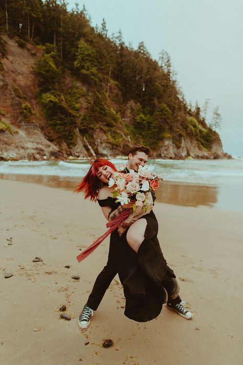 Moody Oregon Coast Elopement, PNW Elopement, Black Wedding Dress, Cannon Beach Elopement, Oregon Beach Elopement Gothic Beach Wedding Ideas, Beach Wedding Dark Colors, Alternative Beach Wedding, Black Beach Wedding Dress, Goth Beach Wedding, Gothic Beach Wedding, Dark Beach Wedding, Goth Elopement, Gothic Beach