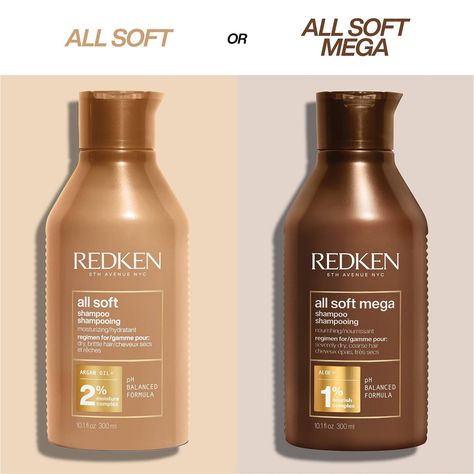 Both All Soft regimens are specifically designed to provide moisture to brittle and #dryhair. But do you know which one is best for your client's hair type? 🟠 ALL SOFT helps dry hair lock in shine & softness 🟤 ALL SOFT MEGA helps severely dry, coarse hair replenish moisture ( #📷 @redken ) Hair Softener, Product Wishlist, Salon Cart, 4c Hair Care, Hair Care Oils, Bday Wishlist, Hair Nutrition, Homemade Cosmetics, Beauty Corner