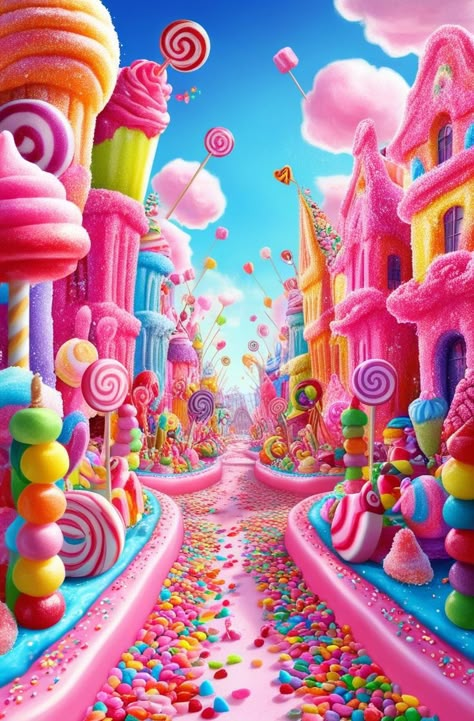 A sugary sweet Candy city Candy Land Lollipops, Candy Iphone Wallpaper, Candy Land Template, Candy Background Wallpapers, Candy Wallpaper Sweets, Candy Land Aesthetic, Candyland Wallpaper, Candyland Art, Candyland Aesthetic