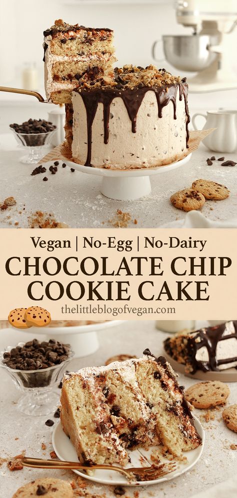 tall Pinterest pin of vegan cookie cake. Vegan Cookie Cake, Organic Cake Recipe, International Cookies, Chocolate Chip Cake Recipe, Vegan Cookie, Chocolate Chip Cookie Cake, Vegan Caramel, Cookie Cake Birthday, Vegan Chocolate Cake