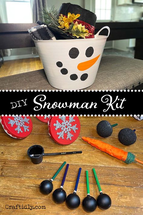 Snowman Making Kit, Make Your Own Snowman Kit, Build A Snowman Kit Diy, Snowman Kit Diy, Snowman Basket Ideas, Build A Snowman Kit, Diy Snowman Gifts, Snowman Outdoor Decorations, Snowman Kit