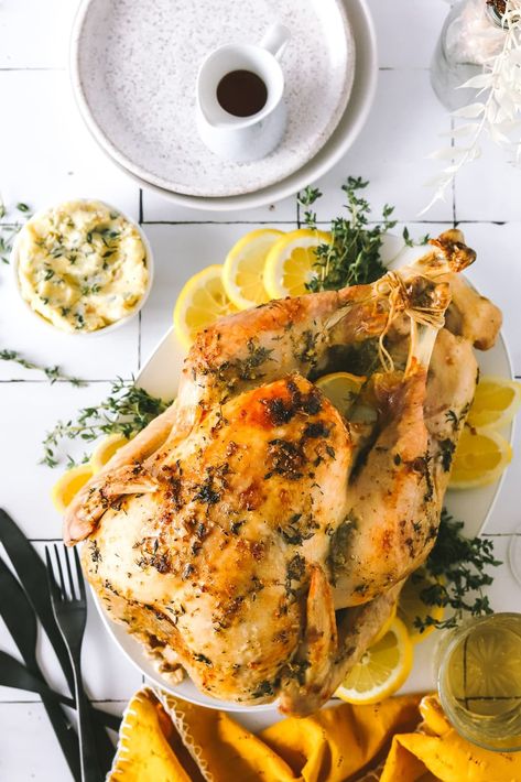 This Easy Lemon Herb Butter Roasted Turkey is packed full of flavour and makes for an unforgettable Easter, Thanksgiving or Holiday dinner! Butter Roasted Turkey, Lemon Herb Butter, Roasted Turkey Recipe, Herb Roasted Turkey, Herb Turkey, Roast Turkey Recipes, Turkey Recipes Thanksgiving, Dinner Dessert, Turkey Recipe