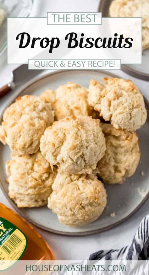 Slathered in butter and honey or jam, these Easy Drop Biscuits are perfect as a side dish with lunch or dinner or for breakfast with your favorite breakfast meats! Ready in less than 25 minutes, this no-fuss buttermilk biscuits recipe is so quick and simple. Perfect for a family or a crowd! #biscuits #easy #homemade #fromscratch #dropbiscuits #buttermilk #bread #side Quick Drop Biscuits, Homemade Drop Biscuits, Breakfast Meats, Buttermilk Drop Biscuits, Easy Drop Biscuits, Drop Biscuits Recipe, Baking Powder Biscuits, Easy Biscuit Recipe, Homemade Buttermilk Biscuits