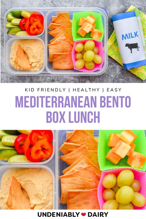 Bento boxes are healthy, easy and your kids will love them! Creamy yogurt hummus is paired with veggies, fruit, cheese and pita chips in this easy-to-assemble Mediterranean-inspired bento box lunch. Mediterranean Lunchable, Mediterranean Bento Box Ideas, Mediterranean Diet Bento Box Ideas, Mediterranean Bento Lunch Boxes, Mediterranean Diet For Kids, Mediterranean Diet Food List, Ideal Protein Diet, Mediterranean Breakfast, Kids Lunch Box Meals