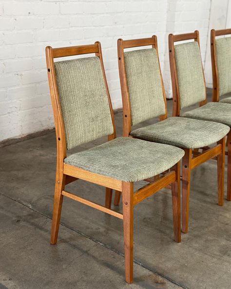 Danish Modern Teak Dining Chairs -set of Four Price: 1100 Dimensions: W17 D19 H36 SW18 SD16 SH18 Mcm Dining Chairs, Mid Century Vintage Furniture, Vintage Mid Century Furniture, Teak Dining Chairs, Teak Frame, Mid Century Vintage, Danish Modern, Dining Chair Set, Chair Set