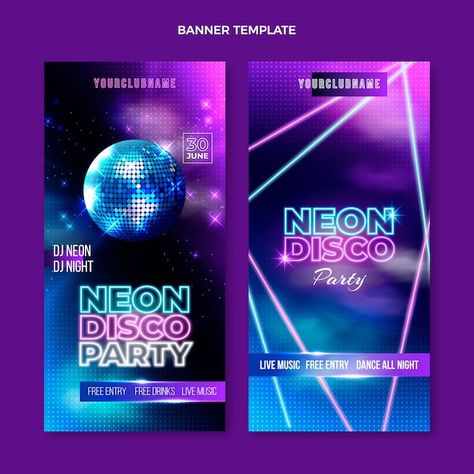 Free vector realistic neon disco party v... | Free Vector #Freepik #freevector #disco-party #party-theme #party-banner #fun-banner Disco Graphic Design, Disco Food, Neon Disco Party, Disco Banner, Neon Disco, Disco Night, Disco Theme, Facebook Banner, Neon Design