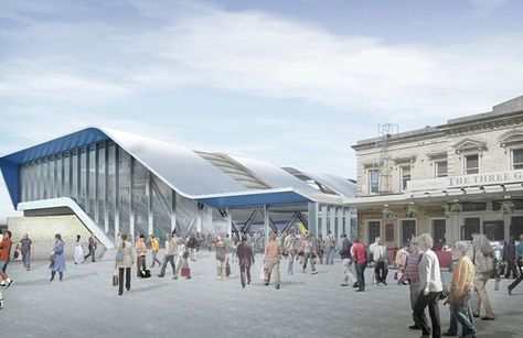 Rendering of the proposed new Reading Station (Image: Grimshaw Architects) Reading England, Train Station Architecture, Reading Stations, Bus Terminal, Great Western, Design Research, Facade Architecture, Railway Station, Residential Building