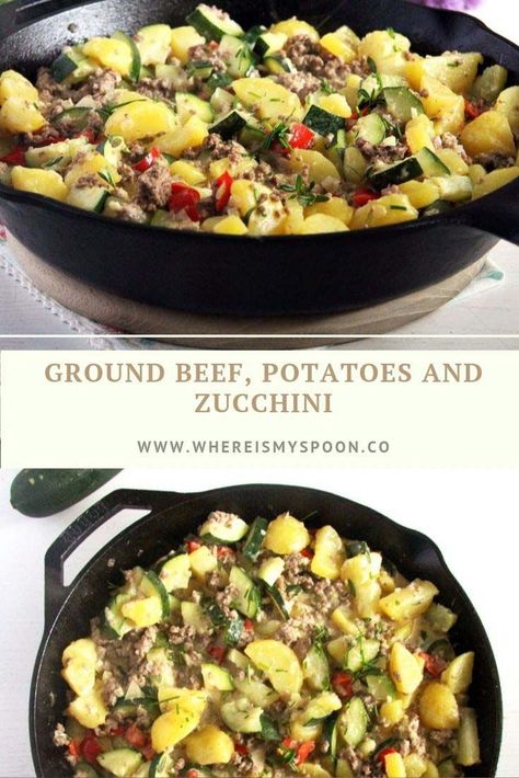 Beef And Potato Skillet, Quick Potato Recipes, Ground Beef Zucchini, Zucchini And Potatoes, Beef Zucchini, Hamburger And Potatoes, Veggie Skillet, Potato Skillet, Ground Beef And Potatoes