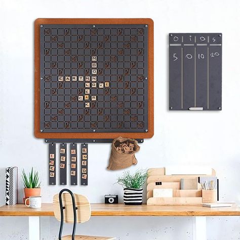 PRICES MAY VARY. Extraordinary Wall Decor, Wall Art, Wall Game. Easy to hang. You only need three nails. The product consists of 2 different materials. Matte black, 1.5 mm metal, 6 mm mdf plate Product size; main board 24 X 24 inches (62 x 62cm), table thickness 0.4 inch (1 cm) and score board 100 pieces of magnetic wood letter tiles, 1 pouch and 2 pieces of chalk are send with the product. Vertical board designed for a casual game. Classy decoration for home or office. Extraordinary Gift. An ef Conference Room Decor, Wall Scrabble, Wall Games, Magnet Letters, Classy Decorations, Scrabble Board, Scrabble Wall, Wall Game, Scrabble Art