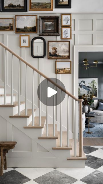 Truth & Co. Interior Design on Instagram: "As you enter this grand foyer of our southern home renovation, you are greeted by beautiful board and batten. We added this halfway up the walls to create a more intimate feel and bring the ceiling down of this two story entry.  Some of my favorite moments in this space: - Tumbled black and white marble tile  - Landscapes cascading along the stairwell - A gorgeous new handrail and banister  - Two tone paint colors introduced that are carried throughout the house, as well as blue painted doors  Architect: Ross Design Architects Builder: David Lewis & Co  #Hometour #newconstructionhomes #interiordesigner #Customhomedesign #architecture #atlantainteriordesign #atlantainteriordesigner #buckheadinteriordesigner #luxuryhomes #luxuryinteriordesigner #lux Black And White Marble Tile, Blue Painted Door, Colonial Remodel, Two Tone Paint, Board And Batten Wall, White Marble Tiles, Grand Foyer, Black And White Marble, Custom Home Designs