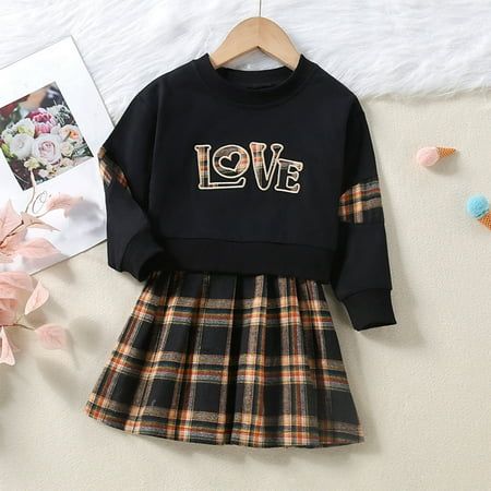 Toddler Kids Child Infant Baby Girls Long Sleeve Patchwork Letter Sweatshirt Tops Blouse Plaid Skirt Outfits Set 2PCS Clothes Features: Material: Infant baby sweatshirt romper made of soft and breathable cotton, skin-friendly fabric make your little guy feel comfortable whole day. SUITABLE TEMPERATURE:Clothes are appropriate for weather of autumn and winter. SIZE TIPS: Suit for 1-6 years old baby. Since the baby's height and weight are different, the size may be too large or too small. Great for loungewear, home, vacation, go out wearing, daily wear Machine Wash Product Description: Season:Autumn,Winter Sleeves type:Long Sleeve Pattarn type:Plaid SizeRecommended AgeBustTops LengthSkirt Length9018-24 Months61cm/24.02''27cm/10.63''25cm/9.84''1002-3 Years64cm/25.20''29cm/11.42''26cm/10.24''11 Tartan Pleated Skirt, Plaid Skirt Outfit, Old Outfits, Plaid Pleated Skirt, Rock Outfit, Girls Clothing Sets, Kids Outfits Girls, Toddler Kids