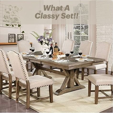 How Cute is this set?! Light Oak Dining Table, Farmhouse Style Dining Room, Beautiful Valley, Set Meja Makan, Solid Wood Dining Set, Expandable Dining Table, Trestle Dining Tables, Dining Room Set, Farmhouse Dining Room