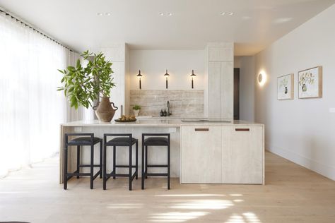 the block 2023 steph and gian kitchen with stone splashback japandi style The Block 2023, The Block Kitchen, Pantry Lighting, Stone Benchtop, Kitchen Island Bench, Provincial Home, Integrated Fridge, All White Kitchen, Integrated Dishwasher