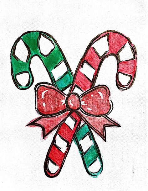 How To Draw A Candy Cane, Christmas Ideas To Draw, Candy Cane Paintings On Canvas, Paint Night Ideas Christmas, Preppy Christmas Drawings, Peppermint Painting, Aesthetic Christmas Painting Ideas Easy, Preppy Christmas Paintings, Cute Christmas Paintings Easy