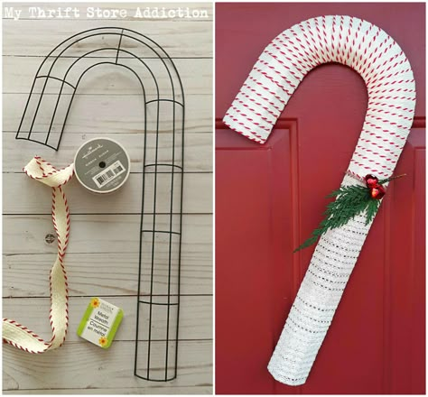 Run to the dollar store to grab a candy cane wire form so you can create one of these farmhouse style wreaths! Diy Candy Cane Wreath, Candy Cane Wreath Diy, Candy Cane Wreaths, Easy Diy Candy, Diy Candy Cane, Cane Decorations, Diy Christmas Candy, Candy Cane Crafts, Candy Cane Decorations