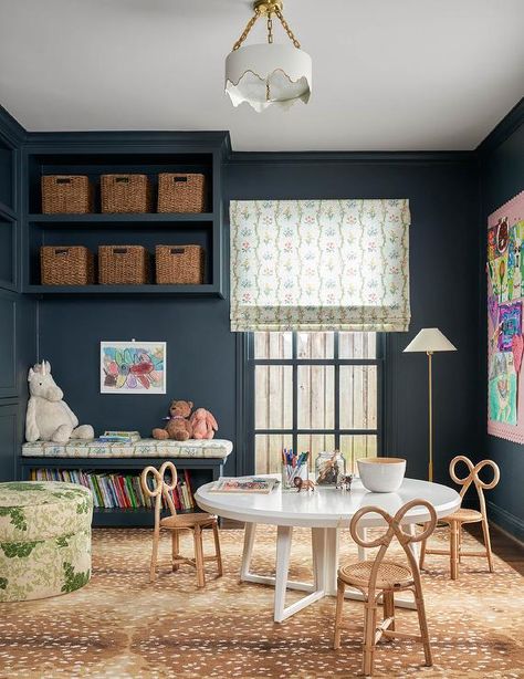 Playroom Ideas Dark Wall, Playroom Lamp Ideas, Dark Wall Playroom, Navy Blue Playroom Ideas, Playroom Cabinet Organization, Dark Playroom Walls, Playroom Inspiration Modern, Traditional Playroom Ideas, Grand Millennial Playroom