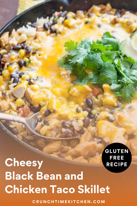 Cheesy Black Bean and Chicken Taco Skillet! This one-pot recipe is simple and delicious. Tex-Mex food at its best. My Southwest Skillet is filled with black beans, jalapenos, corn, chicken, and cheese! This easy dinner idea is affordable, ready in less than 30 minutes, and is effortless. You can make it vegetarian or add grilled chicken breast. My Cheesy Black Bean and Chicken Taco Skillet is awesome served with warm corn tortillas or flour tortillas. If you want an easy meal idea this is it! Vegetarian Chicken, Large Family Meals, Black Bean Recipes, Vegetarian Breakfast Recipes, Quick Chicken, Cheesy Recipes, Homemade Dinner, Tex Mex Recipes, Small Meals