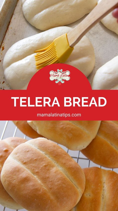 A collage with two pictures showing Mexican telera bread. One photo shows a hand brushing water on top of the pre-baked bread and the second shows the final product. Homemade Bread Ideas, Mexican Torta, Mexican Tortas, Make Bread At Home, Soft Bread Recipe, Mexican Party Food, Mexican Sweet Breads, Bread Ideas, Homemade Pasta Recipe