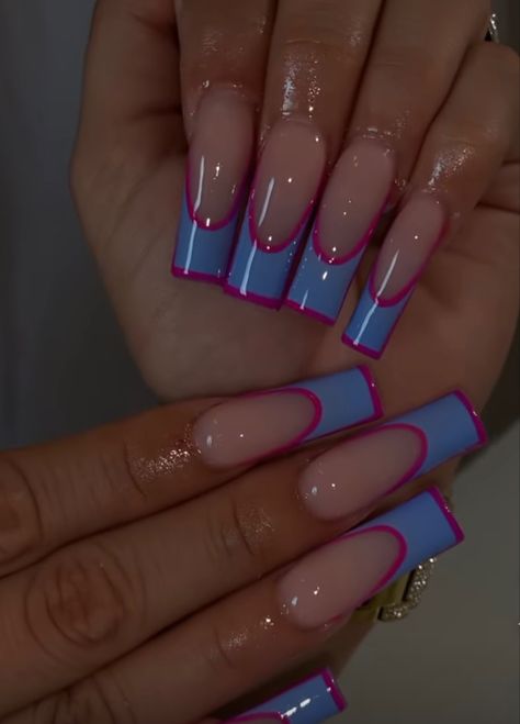 Pink And Blue Acrylics, Pink And Blue French Tip Nails, 2000s French Tip, 2000s French Tip Nails, Canada Nails, Kiyomi Haunterly, Blue French Tip Nails, Blue French Tip, Overlay Nails