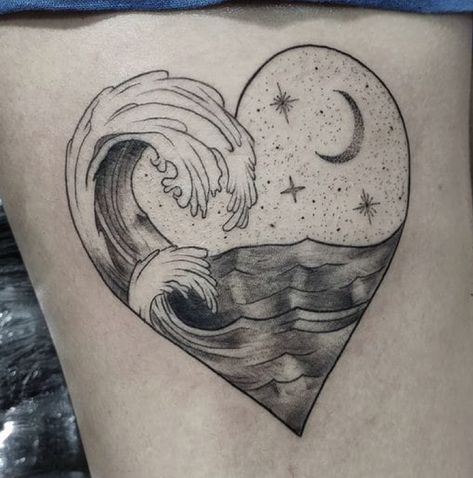 Heart And Sea Tattoo, Ocean Heart Tattoo, Heart Wave Tattoo, Wave Heart Tattoo, Heart Lock Tattoo, Tattoo Wave, Tattoo Beach, Tattoo Sea, Lock Tattoo