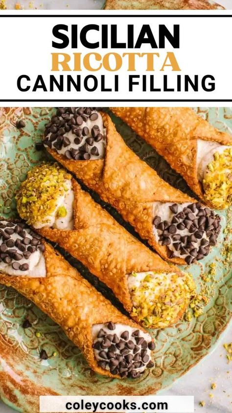 This Sicilian Ricotta Cannoli Filling is the best! Traditional Cannoli are a staple of Sicilian cuisine and have been enjoyed for generations. The crispy shell holds a creamy ricotta cheese filling that makes cannoli special. With this recipe, you can make the best Sicilian ricotta cannoli filling and create this delicious and authentic Italian dessert at home. Canoli Fillings Without Ricotta, Cannoli Filling With Mascarpone, Canolis Recipe Italian, Traditional Cannoli Filling Recipe, Cannoli Recipe Filling, Ricotta Cannoli Filling, Cannoli Filling Recipe, Sicilian Cannoli Recipe, Ricotta Cannoli