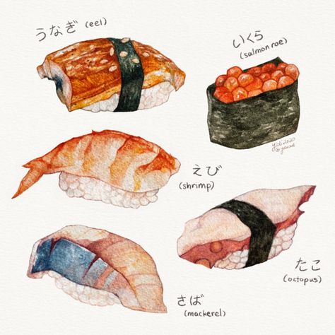 Sushi Illustration, Sushi Drawing, Crystal Illustration, Food Watercolor, Studying Food, Travel Art Journal, Japanese Art Styles, Food Artwork, Sushi Art