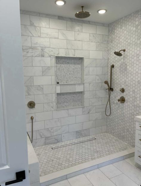 Long Drain Bathroom, Master Bath Shower Niche Ideas, Modern Farmhouse Shower Tile Wall, White Tile Showers Ideas, Light Tile Shower Ideas, Master Bath Tile Selections, Floor And Decor Bathroom Tile Ideas Farmhouse, Shower Sprayer Ideas, Lake House Shower Tile Ideas