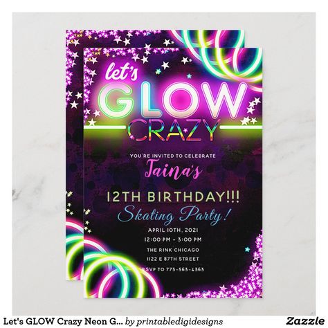 Colorful Birthday Party Invitations, 13th Birthday Party Ideas For Girls, Neon Party Invitations, Glow Theme Party, Teen Girl Birthday Party, 13th Birthday Party Ideas, Crazy Birthday, 13th Birthday Ideas, Glow In Dark Party