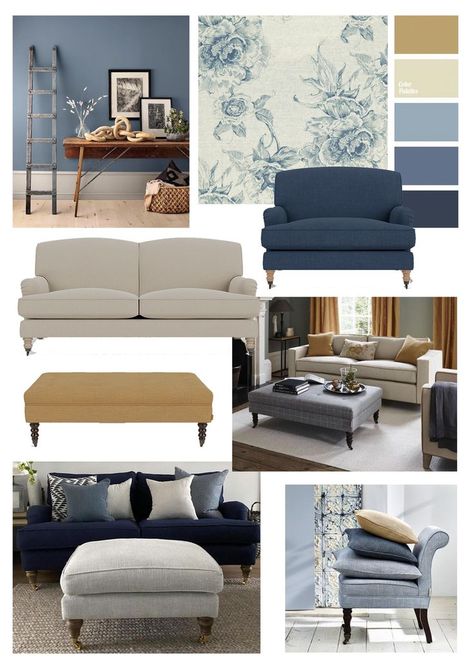 Dark blue and ochre looks so lovely together! Blue And Ochre Living Room, Ochre Living Room, Ochre Bedroom, Wallpaper Lounge, Charcoal Living Rooms, Apartment Family, Greige Living Room, Tan Couch, Coastal Colours