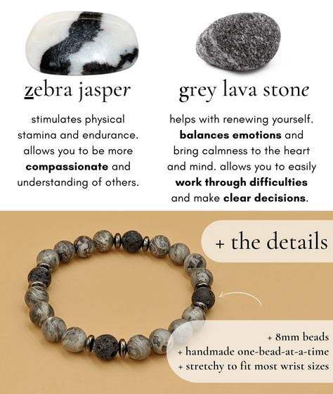 The Balance Bracelet - Lava rock, Marbled Grey Zebra Jasper Bracelet Displays, Balance Bracelet, Zebra Jasper, Alternative Healing, Bracelet Display, Gemstones And Crystals, Crystal Meanings, Lava Rock, Feeling Blue