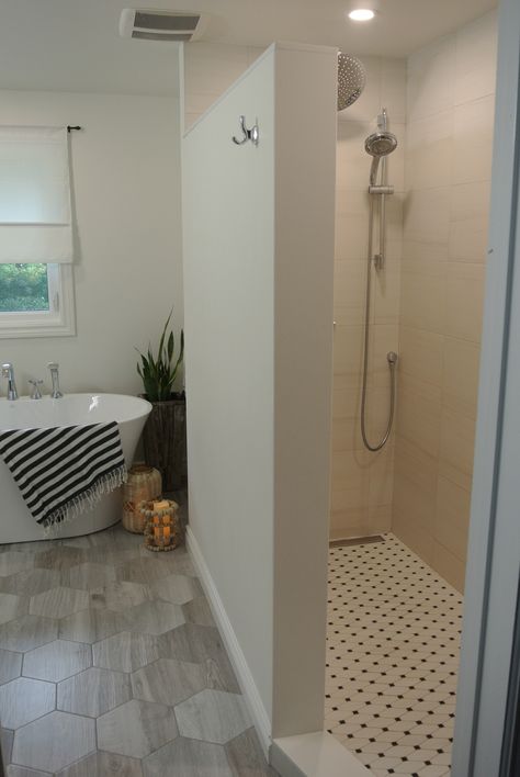 Shower Makeover Before And After, Large Shower No Door, Open Shower No Door, Stand Up Shower Without Glass Door, Ceramic Floor Bathroom, Walk In Shower No Door Tile, Non Glass Shower Doors, 2 Wall Shower Ideas, Master Bath Shower No Door