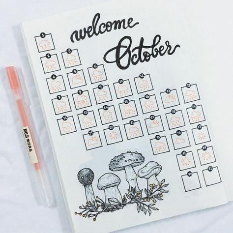 Would this weather tracker be a little too dull with only mushrooms? But I was having fun making this tilted grid layout and trying out my… October Weather Tracker, Weather Tracker Bullet Journal, Weather Journal, Weather Tracker, October Weather, Journal 2024, Tracker Ideas, Bullet Journal Mood Tracker Ideas, Journal Stuff