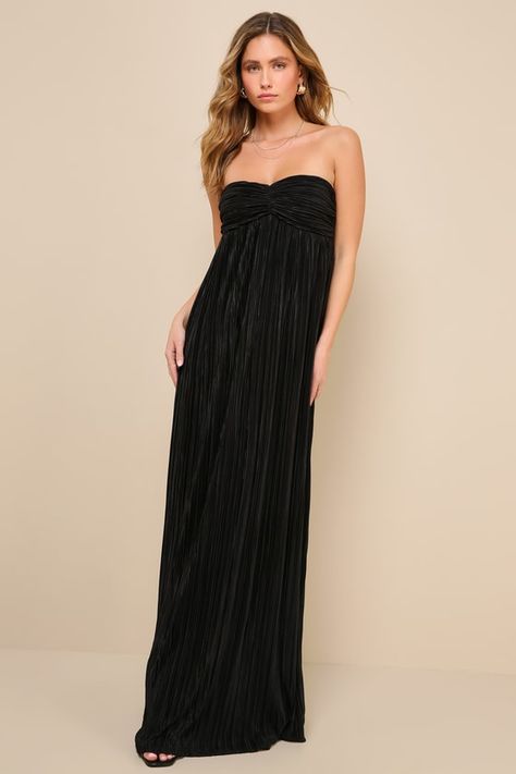 Endlessly Complimented Black Plisse Strapless Maxi Dress Black Dress Strapless, Holiday Formal Dresses, Strapless Black Dress, Plisse Fabric, Black Strapless Dress, Adhesive Bra, 2024 Wedding, Strapless Maxi, Strapless Maxi Dress