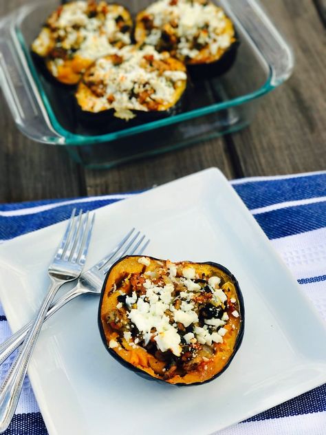 Stuffed Acorn Squash with Sausage, Spinach, and Feta - Confessions of a Fit Foodie Acorn Squash With Sausage, Squash With Sausage, Whipped Ricotta Recipe, Confessions Of A Fit Foodie, Butternut Squash Lasagna, Sausage Spinach, Jar Salad, Stuffed Acorn Squash, Prep Food