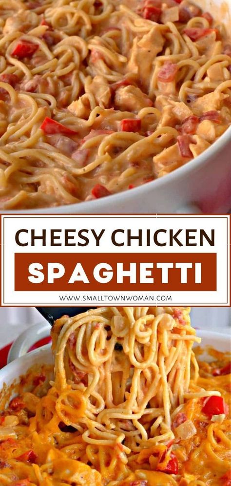 Delish Cheesy Chicken Spaghetti for a quick and easy dinner recipe for the family! This savory main dish has sweet onions, red bell peppers, chicken, tomatoes, and green chilies in a creamy lightly seasoned cheddar Parmesan cheese sauce. It is the perfect weeknight meal! Save this pin! Best Chicken Spaghetti Recipe, Easy Chicken Spaghetti Recipe, Easy Chicken Spaghetti, Chicken Tomatoes, Cheesy Chicken Spaghetti, Parmesan Cheese Sauce, Chicken Spaghetti Recipes, Sweet Onions, Chicken Spaghetti